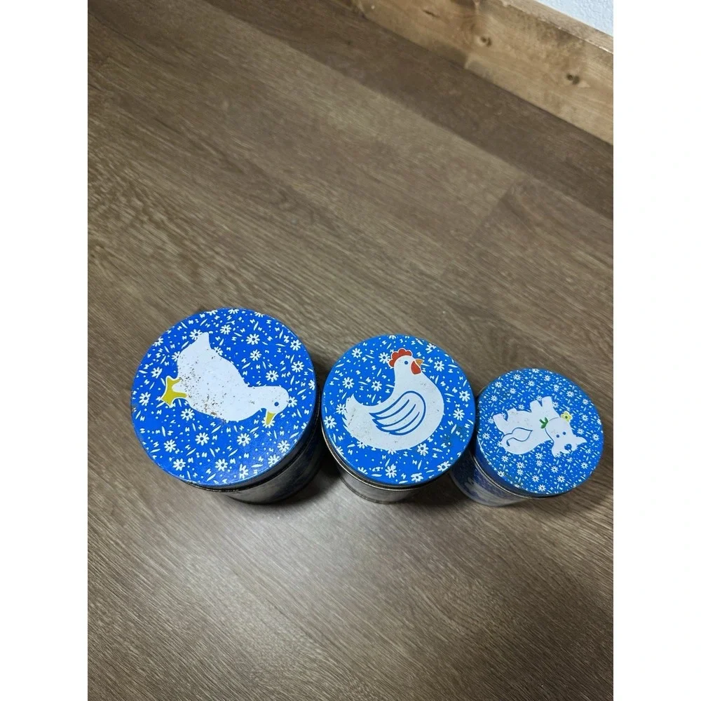 Vintage Blue Animal Canister Set‎ Duck Chicken Cow Metal Tins 3pc Kitchen